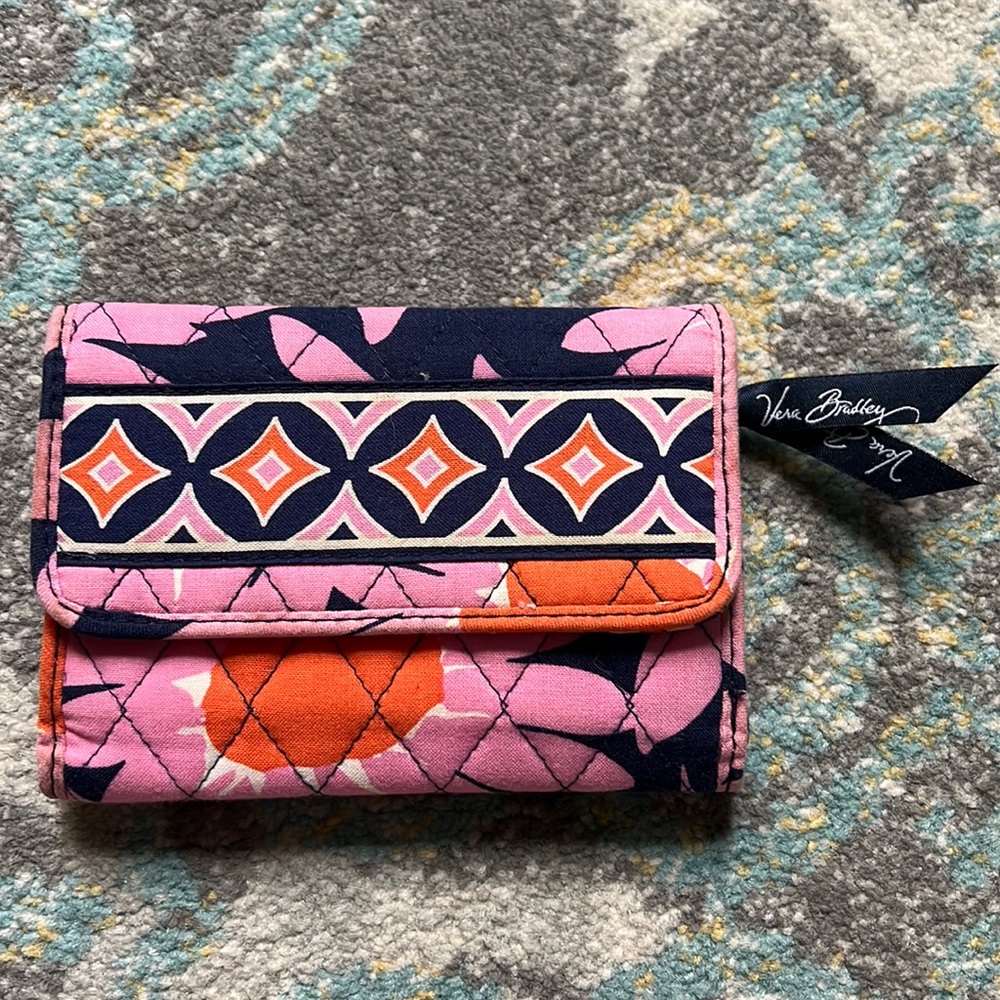Vera Bradley Pink Navy Orange Quilted Trifold Wallet